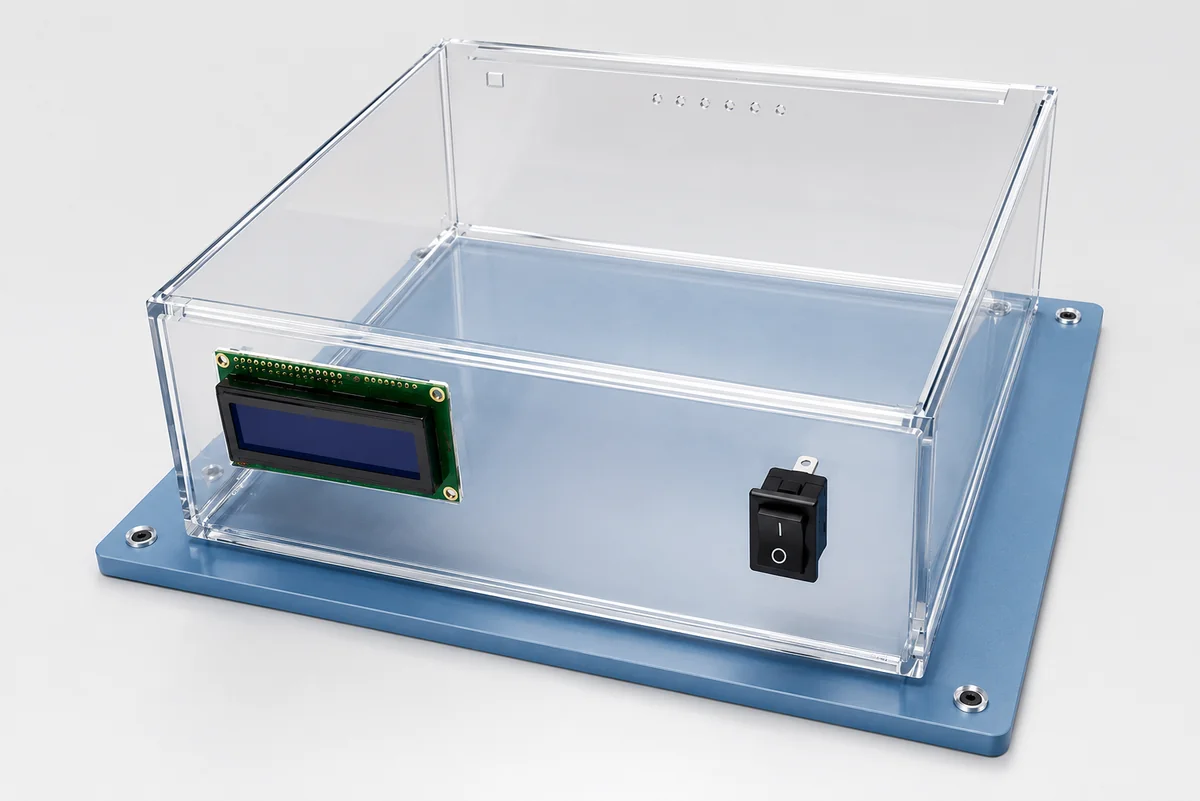 Gabinete en acrílico transparente - SKU LAD-CH-001 Gabinete en acrílico transparente con pantalla LCD e interruptor sobre base de aluminio - Ladelec